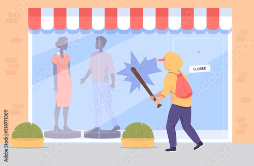 Burglar in hoodie smashing window of clothing store. Shop showcase, hooligan with bat flat vector illustration. Vandalism, crime, aggression concept for banner, website design or landing web page