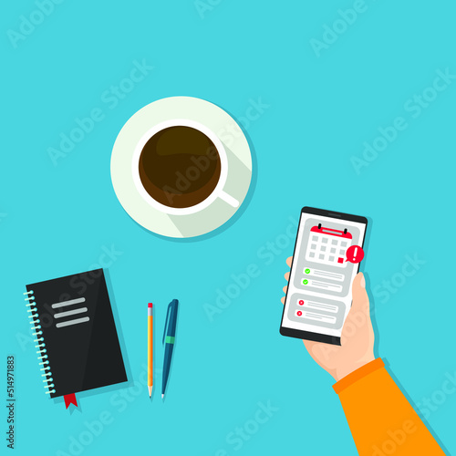 Coffee Time concept with the hands of people drinking caffe latte, espresso and cappuccino, colored vector illustration. Top view. Hand in table
