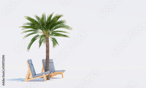 Palm tree and two beach chairs on a white background. 3d rendering