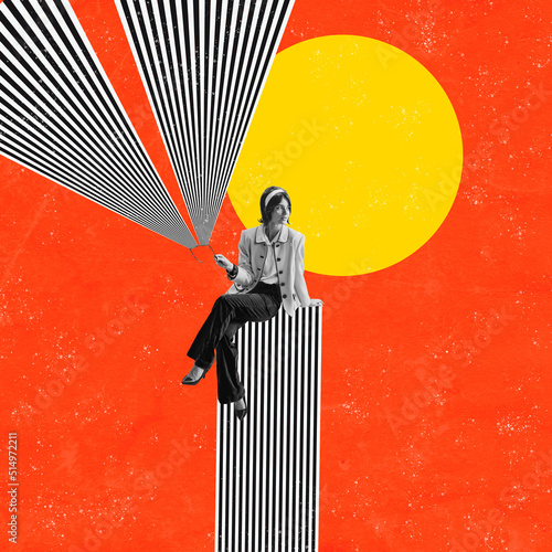 Contemporary art collage. New idea or creative inspiration. Woman with abstract optical ray over color background. Concept of retro style © master1305