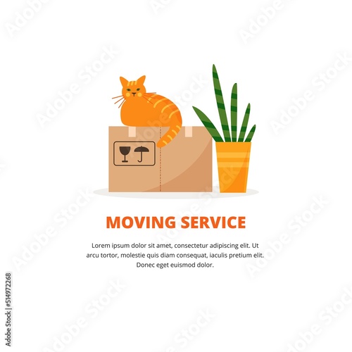 Vector illustration with moving service banner template. Concept with moving box, cat and home plant.