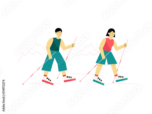 Vector illustration of girl and boy hiking in the mountains isolated on white backround. Nordic walking.