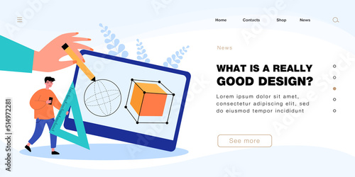 Designers hand drawing 3d figures with stylus and tablet. Tiny man helping with ruler flat vector illustration. Digital design, creative project concept for banner, website design or landing web page