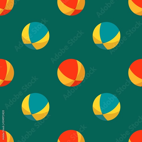 Seamless vector pattern with colorful beach balls on green background. Summer design for fabric and paper, surface textures.