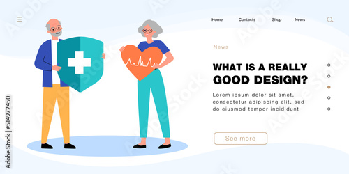 Elderly couple holding protection shield and heart. Healthcare and insurance for tiny old man and woman flat vector illustration. Medicine concept for banner, website design or landing web page