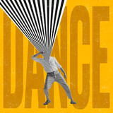 Contemporary art collage. Dancing man with optical illusion design as background. Funny dance in retro style, artwork, emotions.