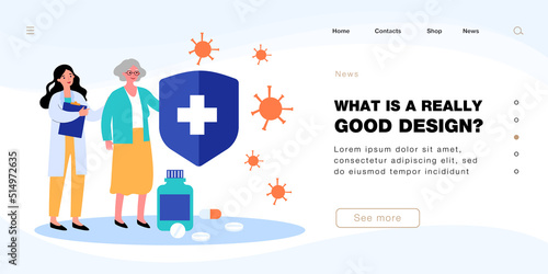 Doctor and old patient protecting health against germs. Tiny women with medical shield and pills flat vector illustration. Immunology, safety concept for banner, website design or landing web page