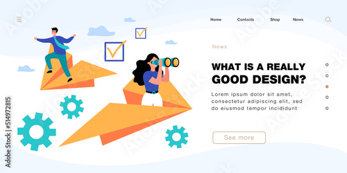Cartoon business persons flying on paper planes. Businesswoman with binoculars flat vector illustration. Success, career, discovery, growth or development concept for banner or landing web page