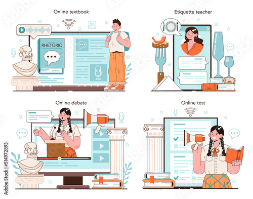Rhetoric school class online service or platform set. Students training