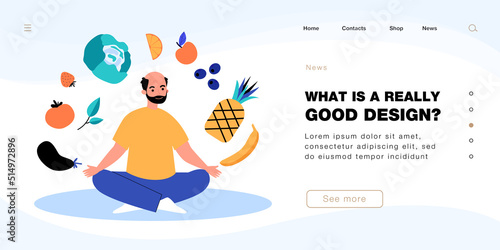 Elderly man sitting in yoga pose with flying vegetables. Old person eating and cooking healthy food flat vector illustration. Nutrition, diet concept for banner, website design or landing web page