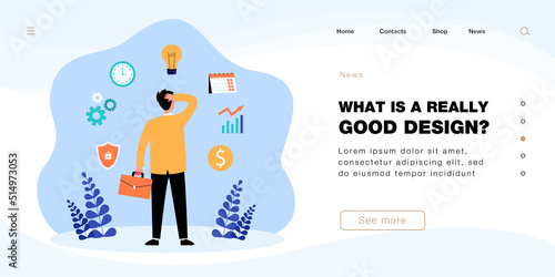 Back view of confused businessman thinking of tasks. Busy office worker and symbols of calendar, lightbulb, clock flat vector illustration. Finances, time management concept for banner, website design