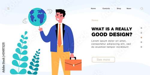 Happy businessman or boss spinning globe on finger. Man holding planet Earth flat vector illustration. Power to control world, globalization concept for banner, website design or landing web page
