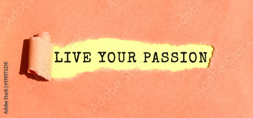 The text LIVE YOUR PASSION appearing on yellow paper behind torn color paper. Top view.