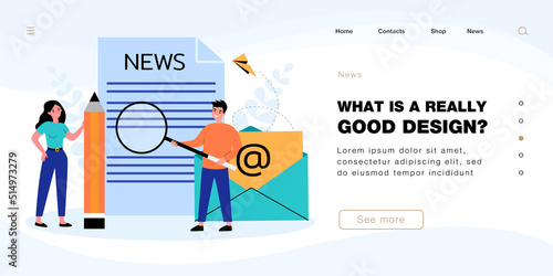 Finding and publishing news by people. Tiny man and woman holding magnifying glass and pencil flat vector illustration. Marketing campaign concept for banner, website design or landing web page
