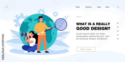 Employees searching for business or career opportunities. Man and woman with binoculars and magnifier in front of globe flat vector illustration. Global business, communication, investment concept