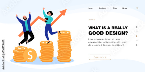 Happy dance of elderly couple on stacks of money coins. Increasing income of tiny rich old man and woman flat vector illustration. Retirement concept for banner, website design or landing web page