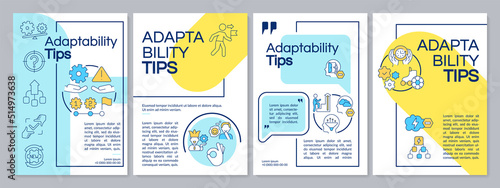 Adaptability tips blue and yellow brochure template. Flexibility. Leaflet design with linear icons. Editable 4 vector layouts for presentation, annual reports. Questrial, Lato-Regular fonts used