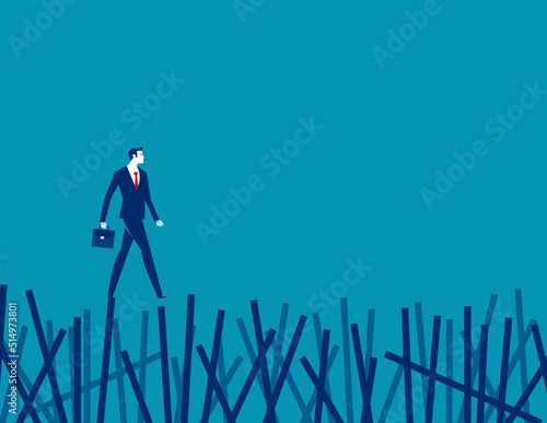 Business executive takes the risk of walaking over a collapsign fence. Business vector illustration