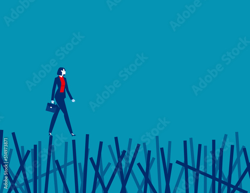 Business executive takes the risk of walaking over a collapsign fence. Business vector illustration