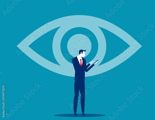 Big eyeball snooping on the mobile transactions of people. Business vector illustration