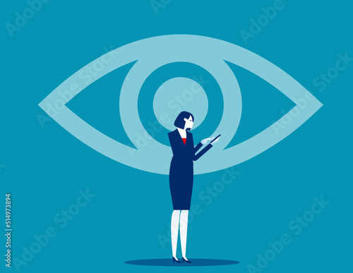 Big eyeball snooping on the mobile transactions of people. Business vector illustration