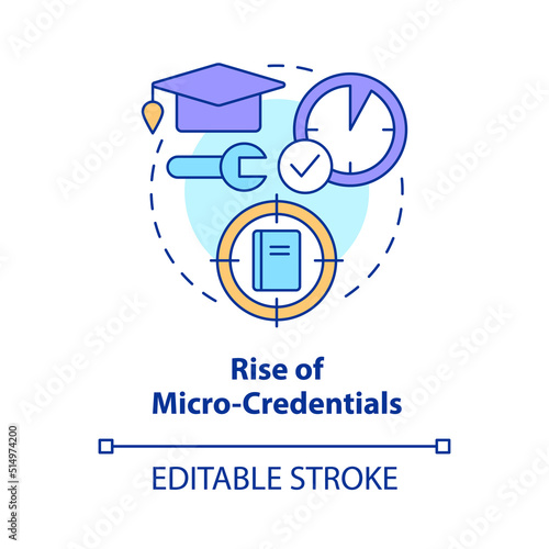 Rise of micro credentials concept icon. Short term course. Trend in education abstract idea thin line illustration. Isolated outline drawing. Editable stroke. Arial, Myriad Pro-Bold fonts used