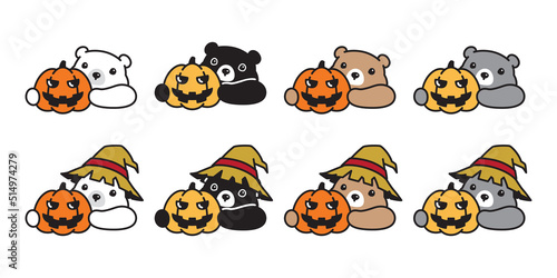 Bear vector halloween pumpkin polar bear icon witch hat teddy logo symbol cartoon character doodle illustration design clip art