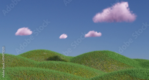 Gently rolling green hills and pastel pink fluffy clouds. 3d rendering.