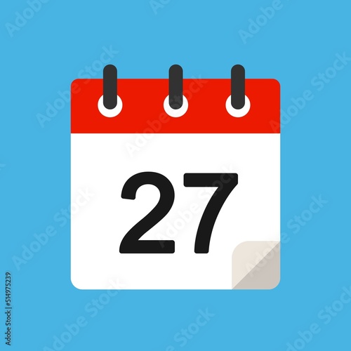 Calendar day 27. Number twenty sem on white paper with red frame. Vector illustration.