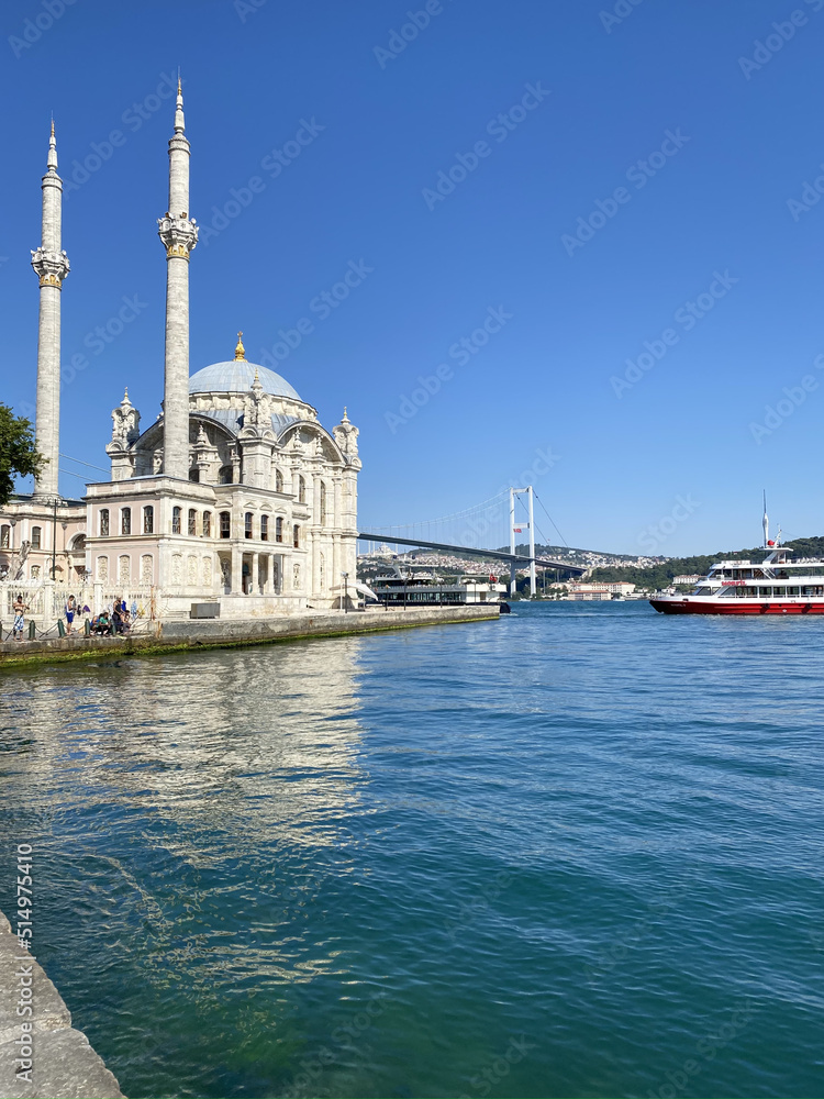 ISTANBUL, TURKEY: Ortakoy Mosque in Besiktas, Istanbul, Turkey, is situated at the waterside of the Ortakoy pier square, one of the most popular locations on the Bosphorus.