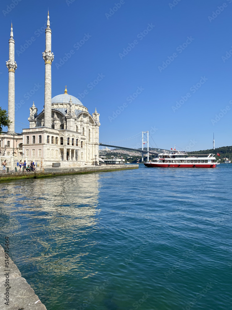 ISTANBUL, TURKEY: Ortakoy Mosque in Besiktas, Istanbul, Turkey, is situated at the waterside of the Ortakoy pier square, one of the most popular locations on the Bosphorus.