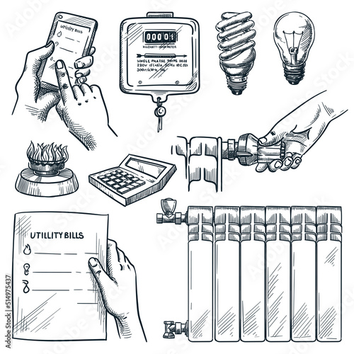 Utility bills payment design elements. Vector sketch illustration of gas invoice, electricity meter and heating system