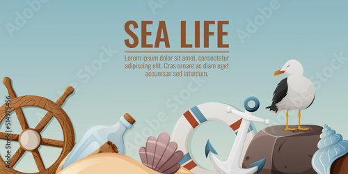 The ship's steering wheel, a bottle with a treasure map, a seagull, an anchor, a lifebuoy, a shell in the sand. Vector illustration, background with nautical elements and equipment. Place for text.