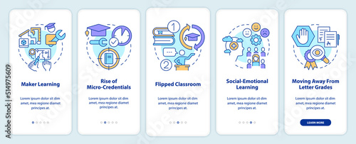 Trends in education onboarding mobile app screen. Learning walkthrough 5 steps editable graphic instructions with linear concepts. UI, UX, GUI template. Myriad Pro-Bold, Regular fonts used