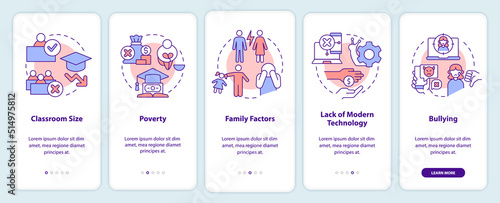 Public schools challenges onboarding mobile app screen. Walkthrough 5 steps editable graphic instructions with linear concepts. UI, UX, GUI template. Myriad Pro-Bold, Regular fonts used