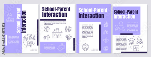School parent interaction purple brochure template. Parents engaement. Leaflet design with linear icons. Editable 4 vector layouts for presentation, annual reports. Anton, Lato-Regular fonts used