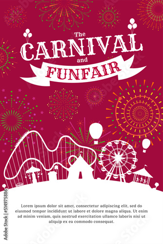 Carnival funfair poster with firework on red sky. Amusement park silhouette with circus, carousels, roller coaster, attractions on fireworks sparkles rays background. Fun fair festival vector placard