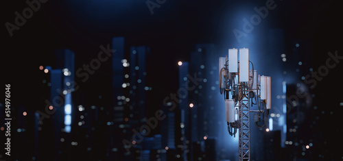 3D Rendering of mobile phone signal repeater station tower with blur city at night background. For telecommunication industry, 4g 5g mobile data. photo