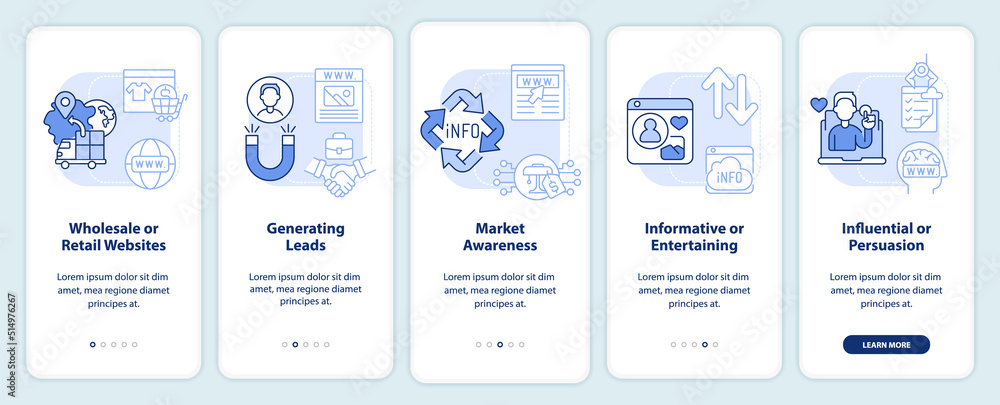 Main websites categories light blue onboarding mobile app screen. Walkthrough 5 steps editable graphic instructions with linear concepts. UI, UX, GUI template. Myriad Pro-Bold, Regular fonts used