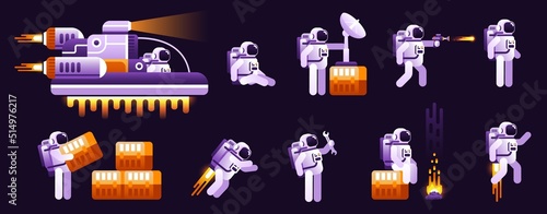 Little astronaut in spacesuit - character for the game. Spaceman in various poses with accessories. Flying space rover. Vector illustration.