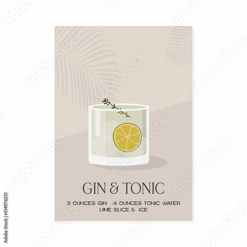 Gin Tonic Cocktail on the rocks garnished with slice of lime and herb twig. Summer aperitif retro vertical poster. Minimalist print with alcoholic beverage on background with palm shadow. Vector.