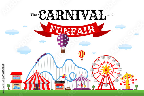 Carnival funfair banner. Amusement park with circus, carousels, roller coaster, attractions on white background. Festive theme design template. Fun fair festival poster. Vector eps illustration