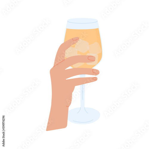 Female or male hand holding glass of cocktail with ice. Wineglass with alcohol drink or beer. Summer aperitif, alcoholic beverage. Colored graphic flat vector illustration isolated on white background