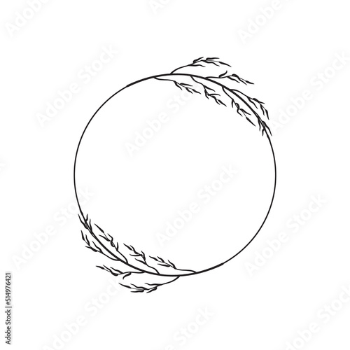 Minimalistic wreath of two twigs with long leaves. Simple round frame, farmhouse decoration, family logo. Circle, border with black silhouette of tree branches. Vector illustration isolated on white © Lyudmyla