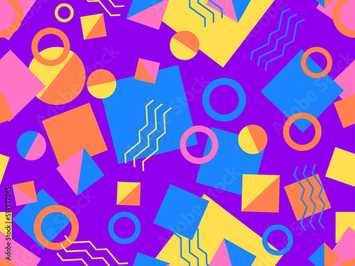 80s seamless pattern with geometric shapes in memphis style. Circles and triangles. Colorful abstract background for printing on promotional items, banners and wrapping paper. Vector illustration