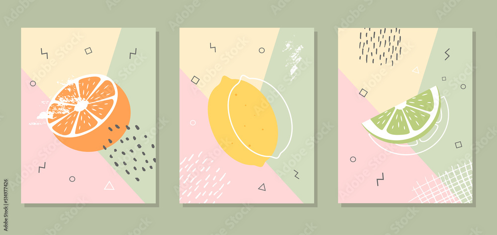 Abstract posters with fruits. Collection of contemporary art. Abstract elements, citrus fruits for social networks, postcards, prints. Memphis style orange, lemon, lime. Colorful vector illustration
