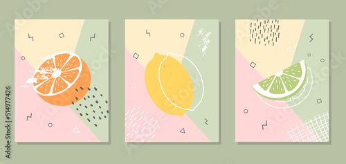 Abstract posters with fruits. Collection of contemporary art. Abstract elements, citrus fruits for social networks, postcards, prints. Memphis style orange, lemon, lime. Colorful vector illustration