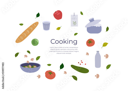 Cooking design template. Poster with food items, meal ingredients. Culinary blog banner, classes, cuisine channel, menu. Kitchen utensils, eating, preparing food concept. Isolated vector illustration