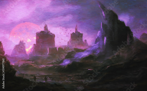 fantasy digital art ,futuristic  dark landscape with large red sun and strange birds with small people in the forground ,made with the help of AI