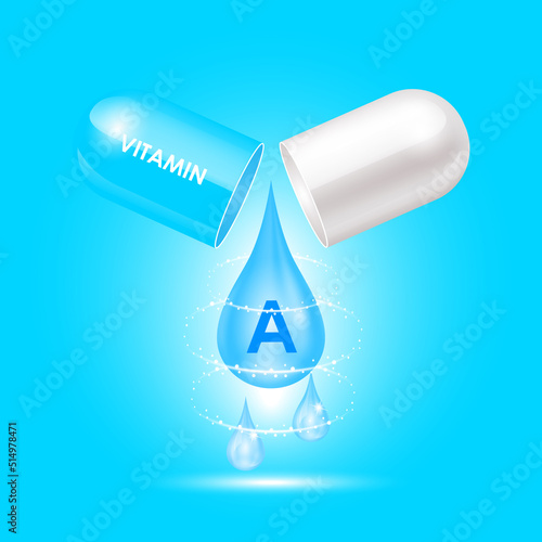 Capsule vitamin A (Thiamine) structure Blue, white open as drop of water. 3D Vector Illustration. Drug business concept. Personal care, beauty concept. Vitamin complex with chemical formula.